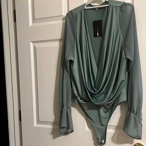 NWT FashionNova Green Bodysuit with Draped Fitted Design and Long sheer Sleeves